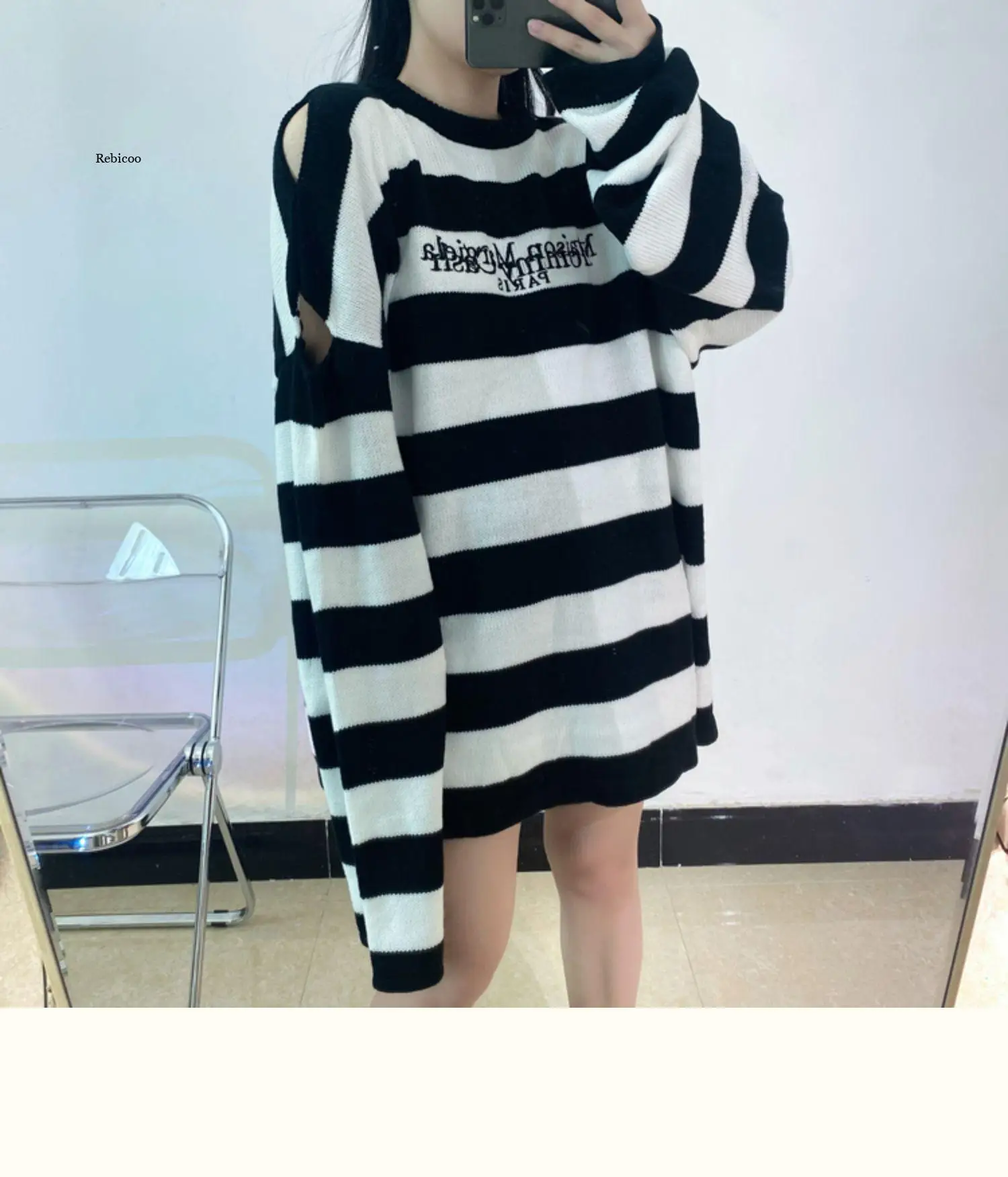 Winter New Women Oversized Long Sweater Jumpers Hip Hop Chic Korean Knit Sweater Pullovers Black White Striped sweater