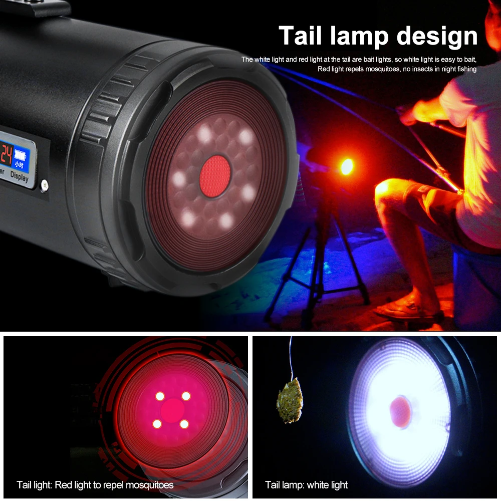 Powerful Fishing Light with Tripod 4 Color Searchlight Zoomable Flashlight Portable Spotlight Handheld Emergency Light