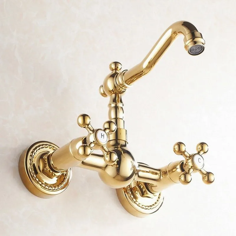 Luxus Gold Farbe Messing Wand Montiert Schwenk Auslauf Badezimmer Badewanne Wasserhahn Heiß Kalt Mixer Wasserhähne Zwei Kreuz Griffen agf019