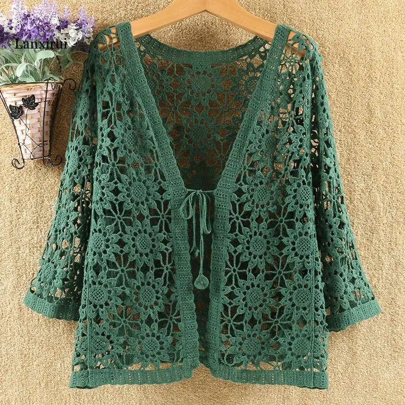 

Sexy Hollow Lace Sunscreen Cardigan Sweater Women Wide Loose Air Conditioning Knitted Sweater Thin Section Female Spring Autumn