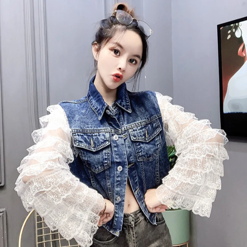 

2024 New Spring Women Streetwear Autumn Denim Jackets Outwear Lace Ruffles Long Sleeve Patchwork Coat Jeans Coat Denim Tops