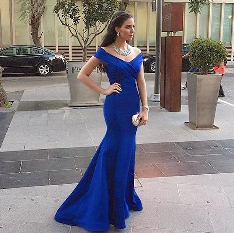 Vestido largo de sirena con hombros descubiertos para dama de Honor, traje de dama de Honor con espalda descubierta, color azul real, talla grande, 2019