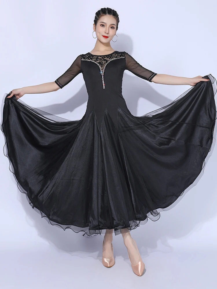 Adult Female Ballroom Dancing Dress Lace Stitching Competition Dancewear Standard Waltz Dance Performance Stage Costume YS2329