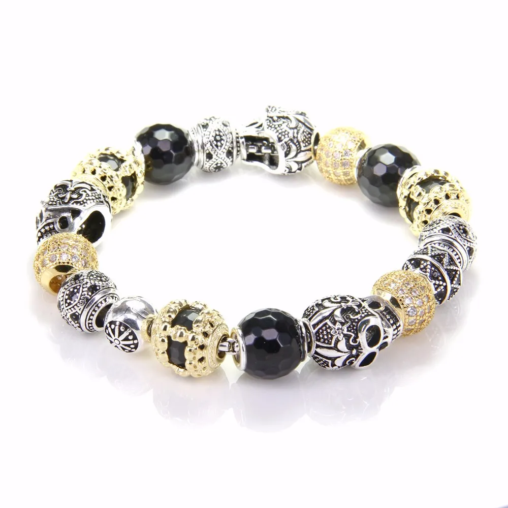 Ts Gold Color 12MM Bead Bracelet With SKULL Love Knot Beads, Rebel Heart Bracelet Jewelry For Women and Men TS B600