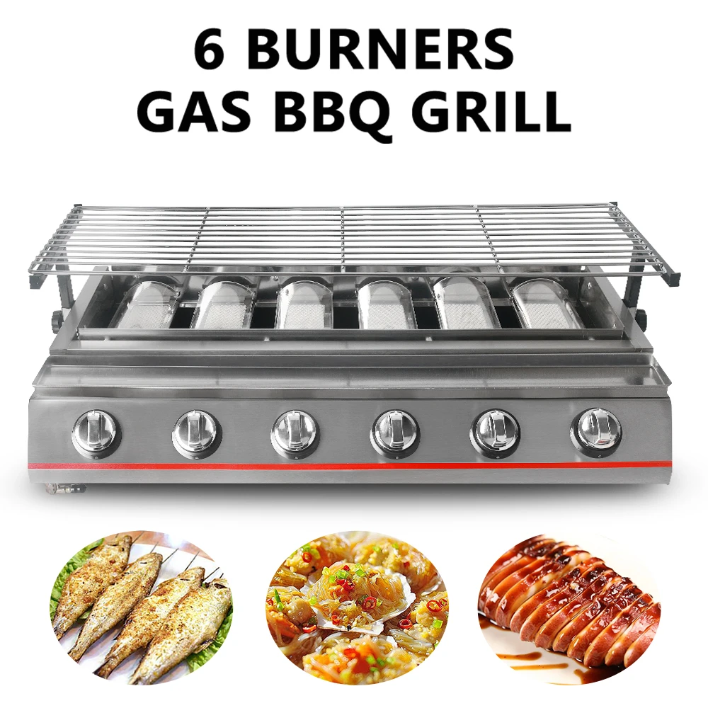 BBQ Grill Gas Barbecue 6 Burner Infrared Smokeless Roasting Tray LPG Gas Steel Grill Outdoor Picnic Barbecue Grill Kitchen Tools