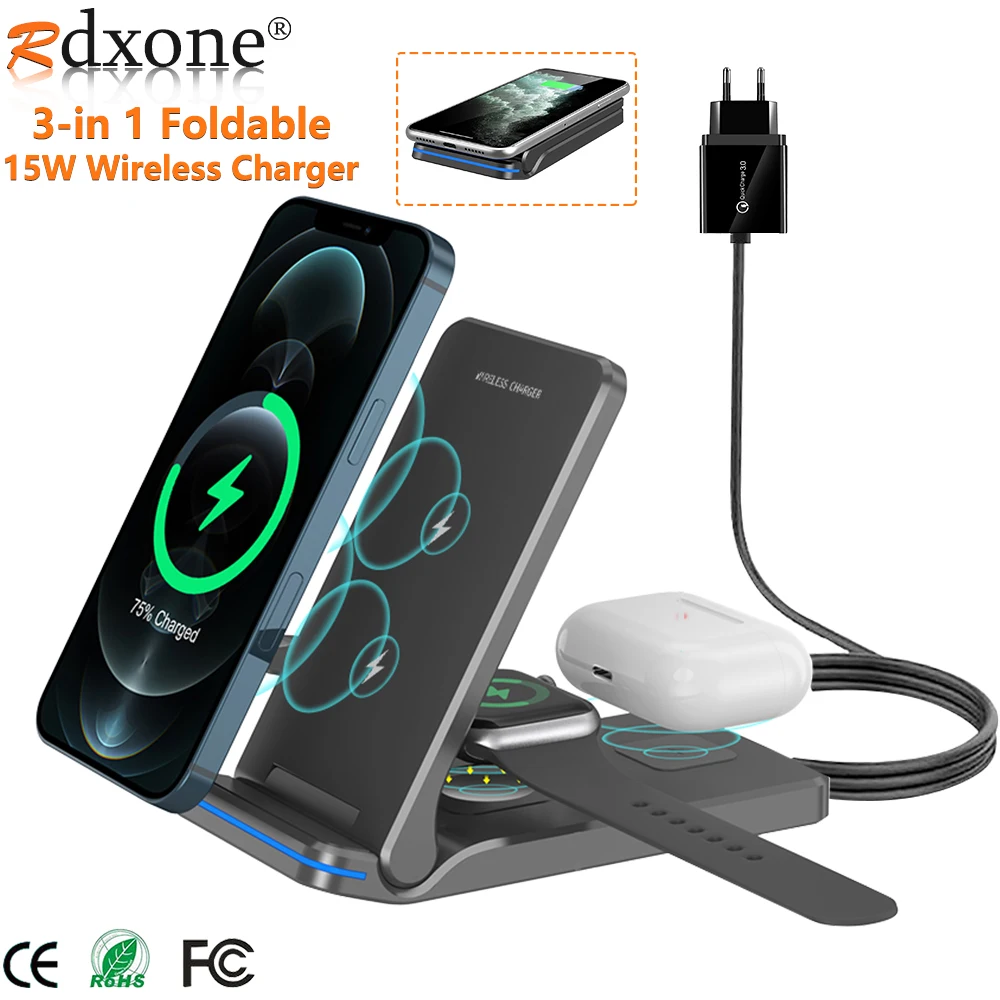 

3 in 1 Qi Wireless Charger For Samsung Galaxy S20/Note 20/ iPhone 12/11 Foldable Charging Dock Station For iWatch SE Airpods Pro