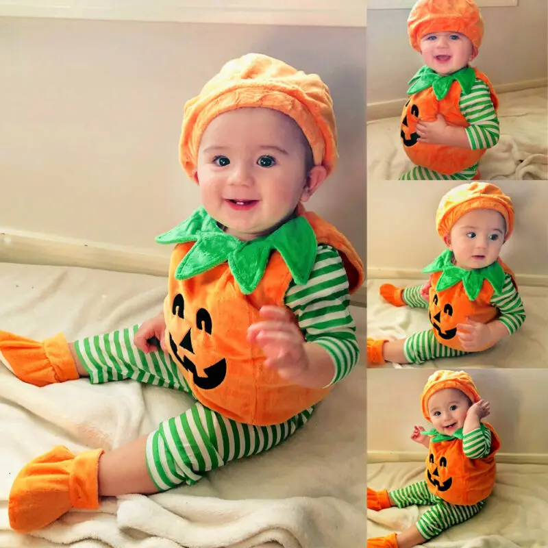 PUDCOCO Cosplay Halloween Baby Kids Pumpkin Suit Top Blouse Dress Romper Jumpsuit+Hat+Shoes  Party Fancy Costumes 3PCS 0-3T