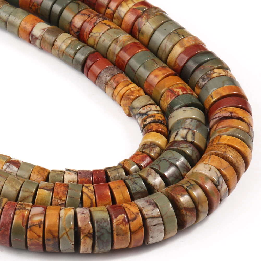 Natural Picasso Jaspers Stone Flat Round Rondelles Loose Spacer Beads for Jewelry Making DIY Bracelets Accessories 15''