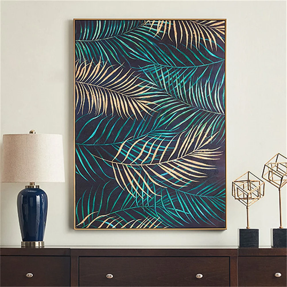 

100% Hand-painted oil painting abstract green golden plant leaf canvas painting Southeast Asian style home decoration wall art