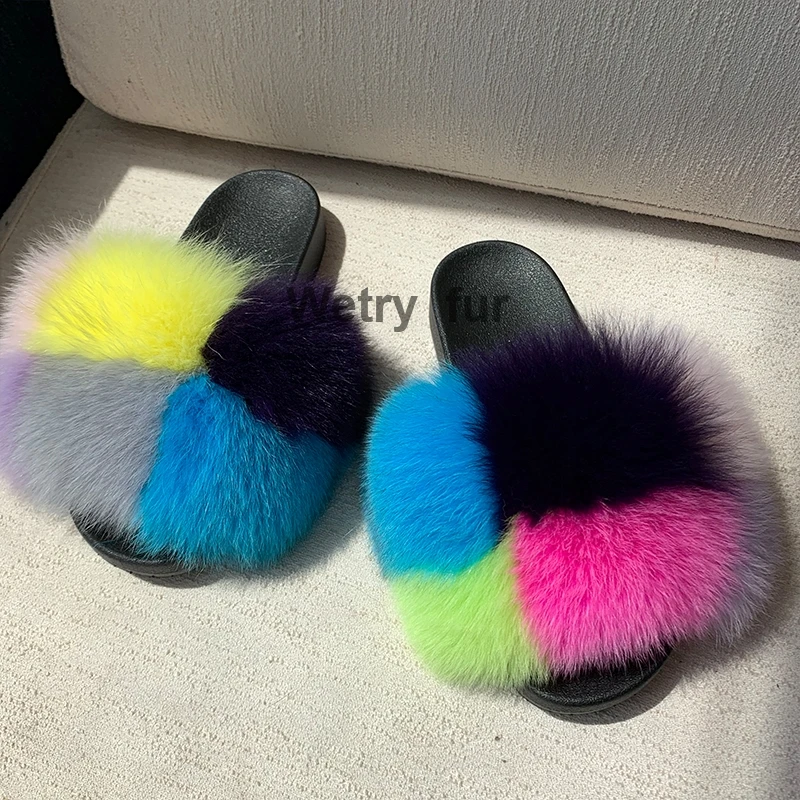 Kids Real Fox Slippers Raccoon Slides Chinelos Menina Slippers Toddler Baby Girls Shoes fox fur slides fur slides for kids