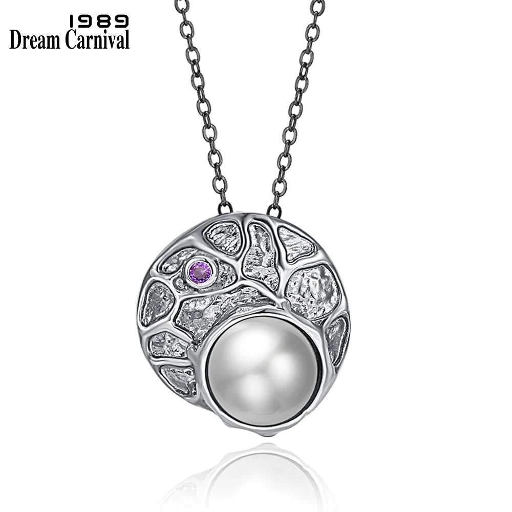 DreamCarnival1989 New Elegant Round Pearl Pendant Necklace for Women Barroco Antique Ladies Party Jewelry Purple Zirconia WP6676