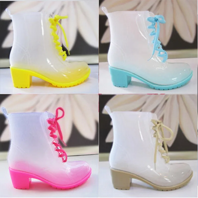 Fashion High-heeled Short Rainboots,Women\'s Non-slip Waterproof Shoes,Adult Water Boot,Rubber Shoe,Transparent Candy Colors,