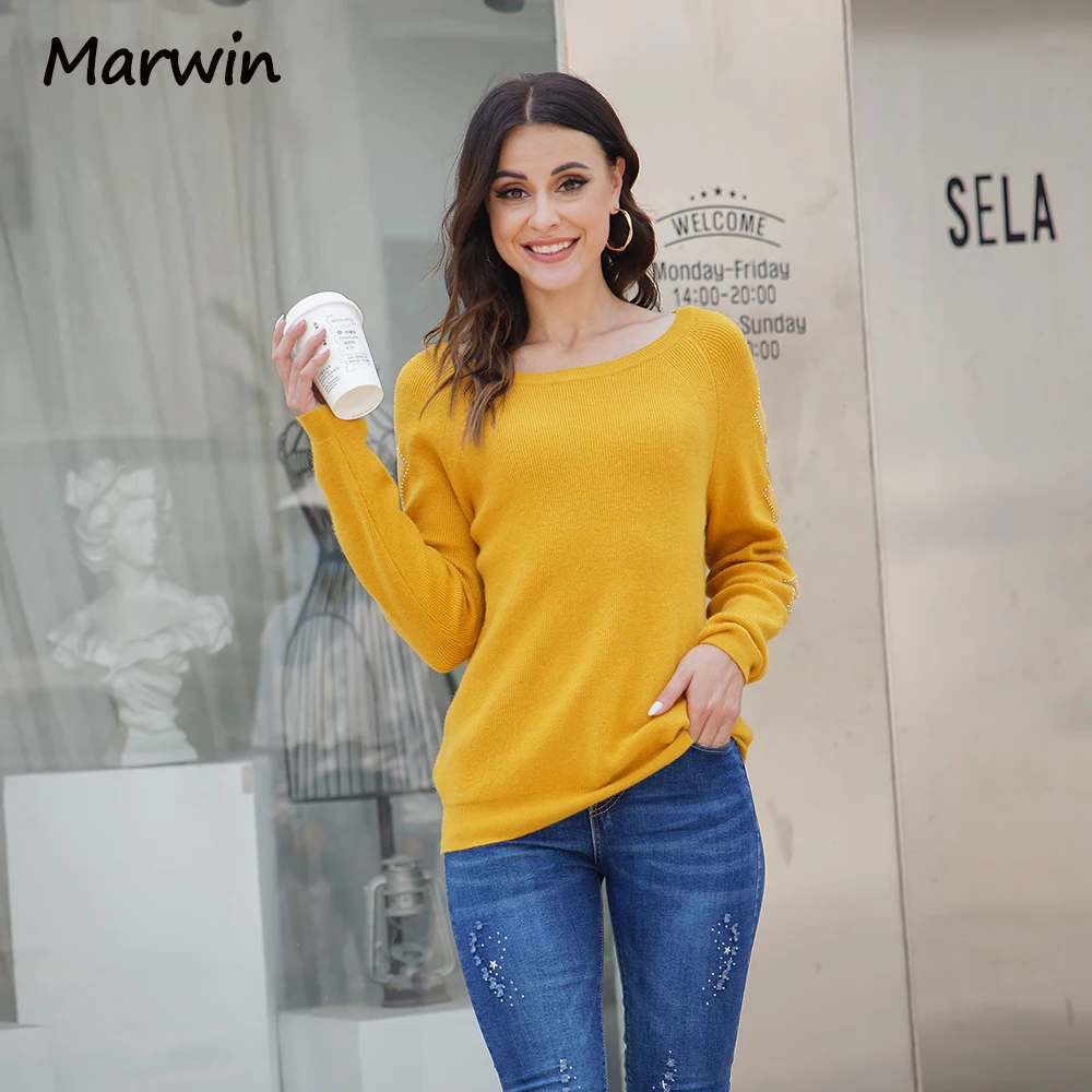 Marwin New Coming Autumn Winter O-Neck High Street Style Solid Hollow Out In Sleeve With Diamonds Women Sweater Female Pullover