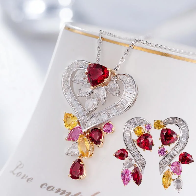 Foydjew Luxury Designer Jewelry Micro-inlaid Full Diamond Ruby Pendant Necklaces Love Heart Drop Earrings Romantic Women Sets