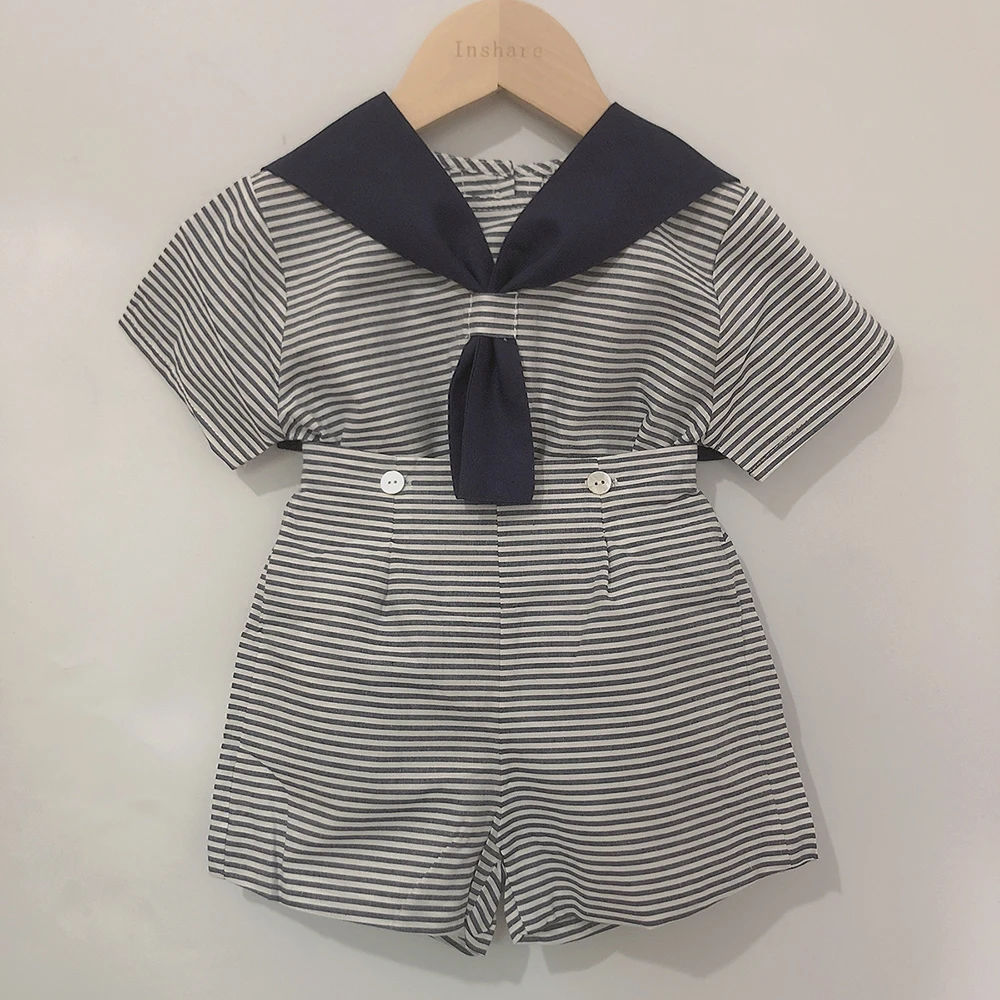 Children Boutique Spanish Clothing Boys Girls Navy Striped Clothes Short Sleeve Cotton Linen Set Sister Brother Clothes 0-6years