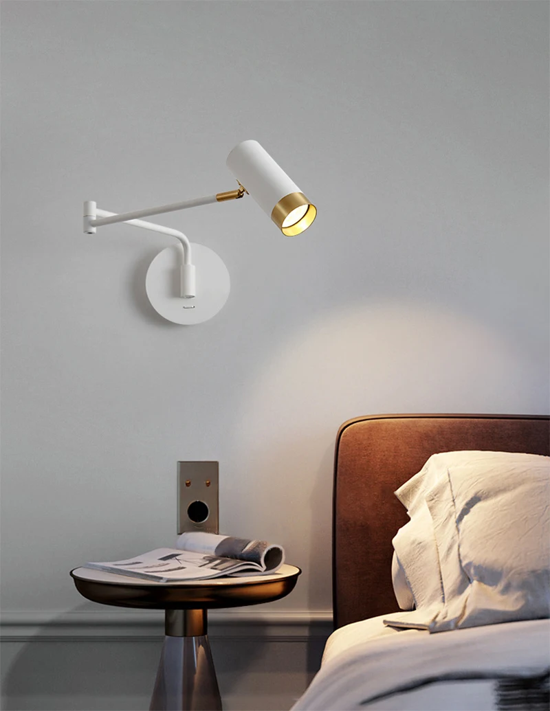 Swing Arm Nordic Bedside Wall Lamp with Switch White Black Post-modern Minimalist Interior Led Reading Lights Fixtures E27