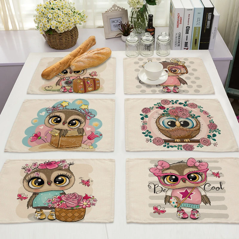 

1Pcs Kawaii owl Pattern Kitchen Placemat Cotton Linen Dining Table Mats Coaster Pad Bowl Cup Mat 42*32cm Home Decor ML0007