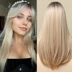 Alan Eaton peluca sintética de pelo largo, recto y rubio, flequillo con cortinas, peinado en capas, peluca de pelo rubio de color marrón oscuro a platino, adecuada para pelucas antipiréticas femeninas