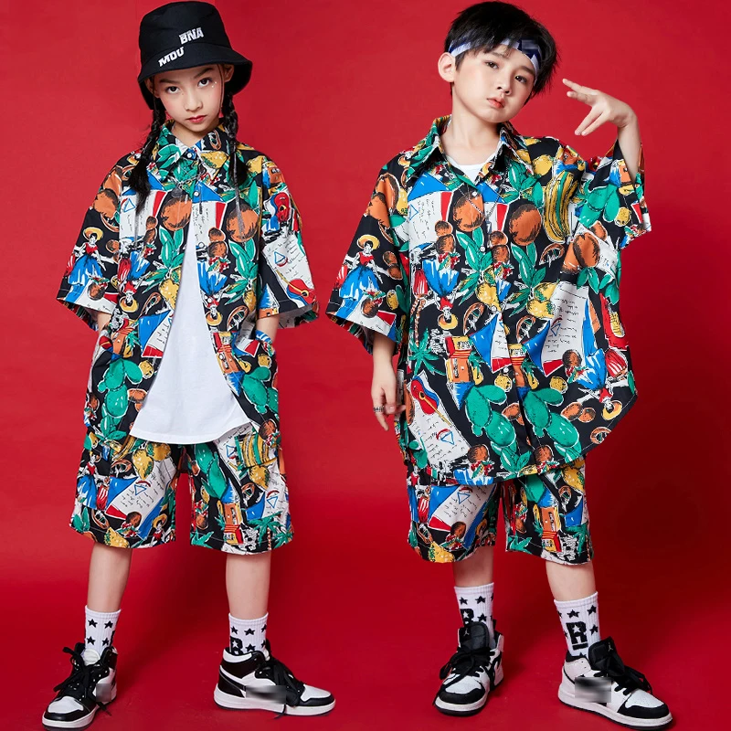 Children Tide Hip Hop Clothes Loose Short Sleeve Shirts Printing Outfit Boys Girls Hip Hop Performance Ballroom Dancewear BL6721