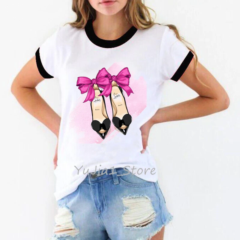 Watercolor Bow-Knot Shoes Print Paris Style T Shirt Women Kawaii Clothes Haut Femme Streetwear Hipster Tshirts T-Shirt