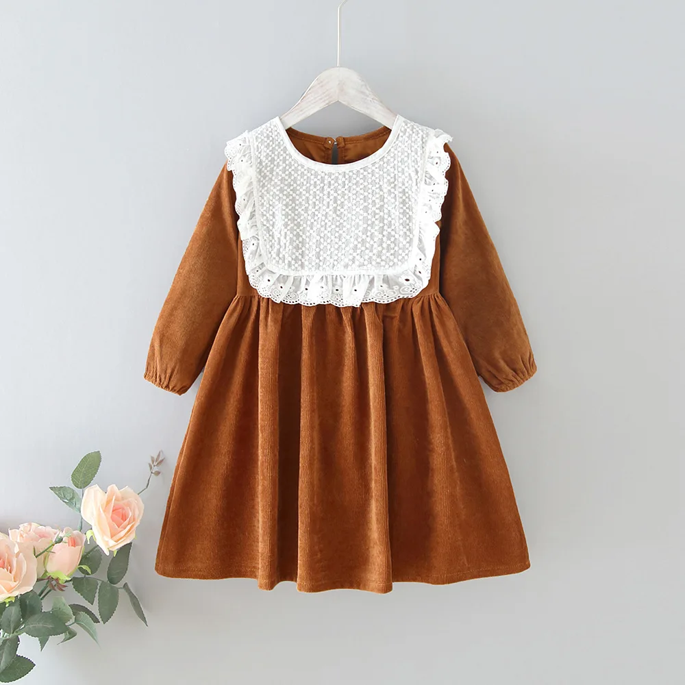 Girls\' Dresses 2021 Autumn New Style Children Baby Kids Clothing Korean Japanese Style Loose Lace Lapel Girl Fashionable Dress