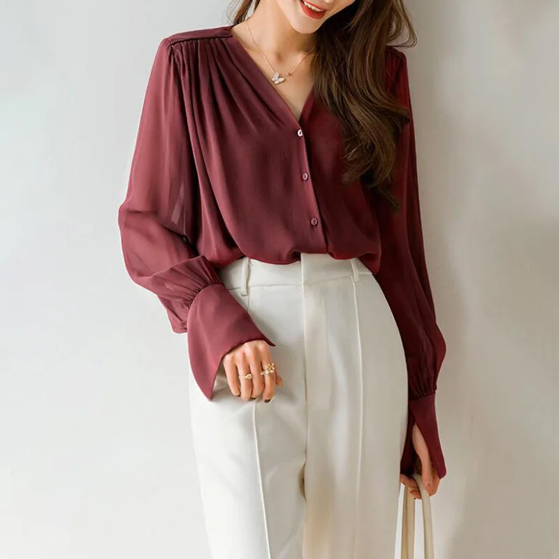 New 100% Silk Blouse Top Women High Quality V-neck Black Shirt Wine Red Office Lady Wear Fashion Clothing Summer Autumn