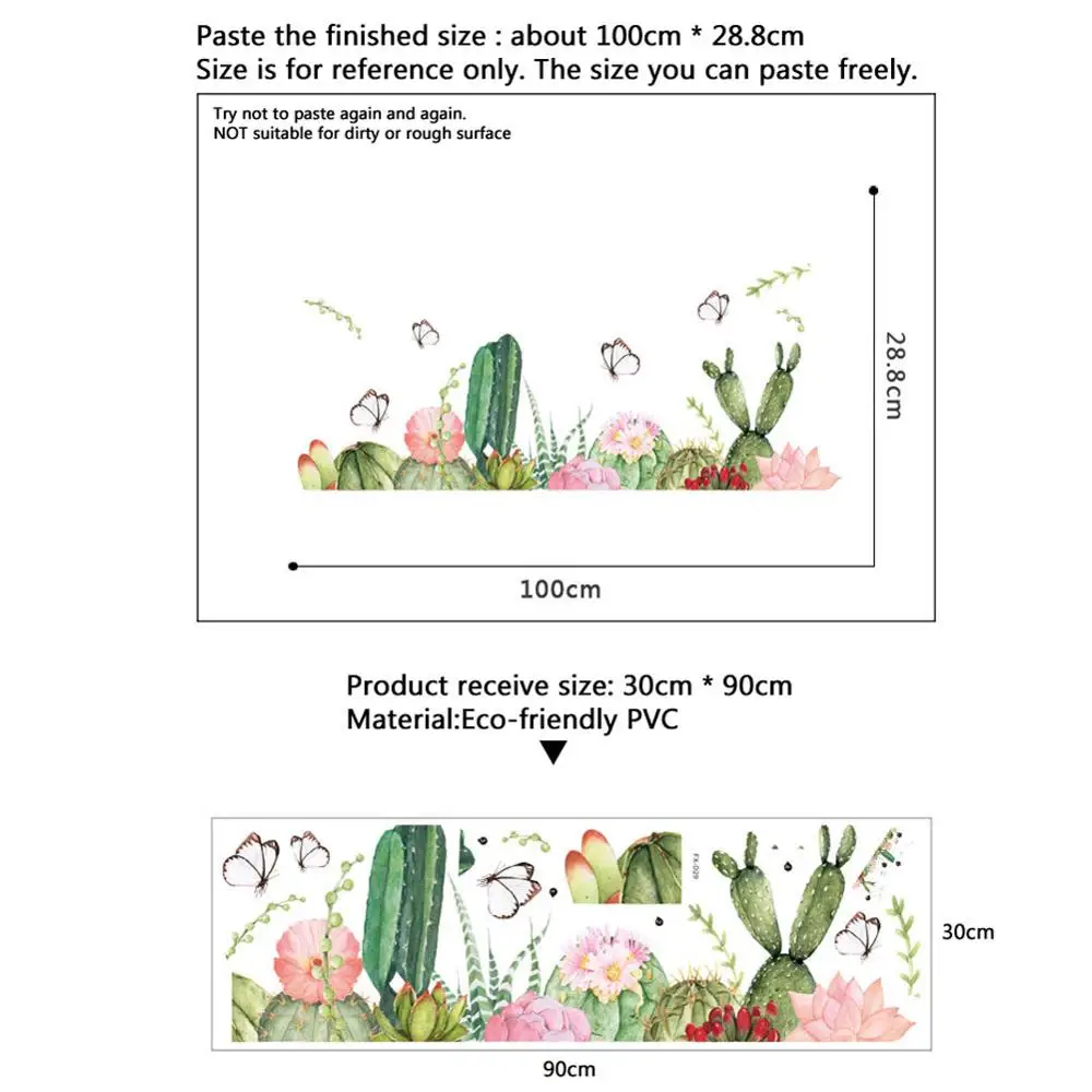 Beautiful Butterfly Cactus Wall Sticker Skirting Line Bedroom Decoration Mural For Living Room Self-adhesive Baseboard Decals