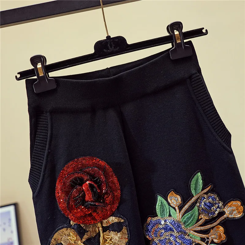 Autumn Black Knitted Set Women Manual Sequins Flowers Knit Sweater Pencil Pants Two Piece Outfits Female Loose Casual Suit 2pc