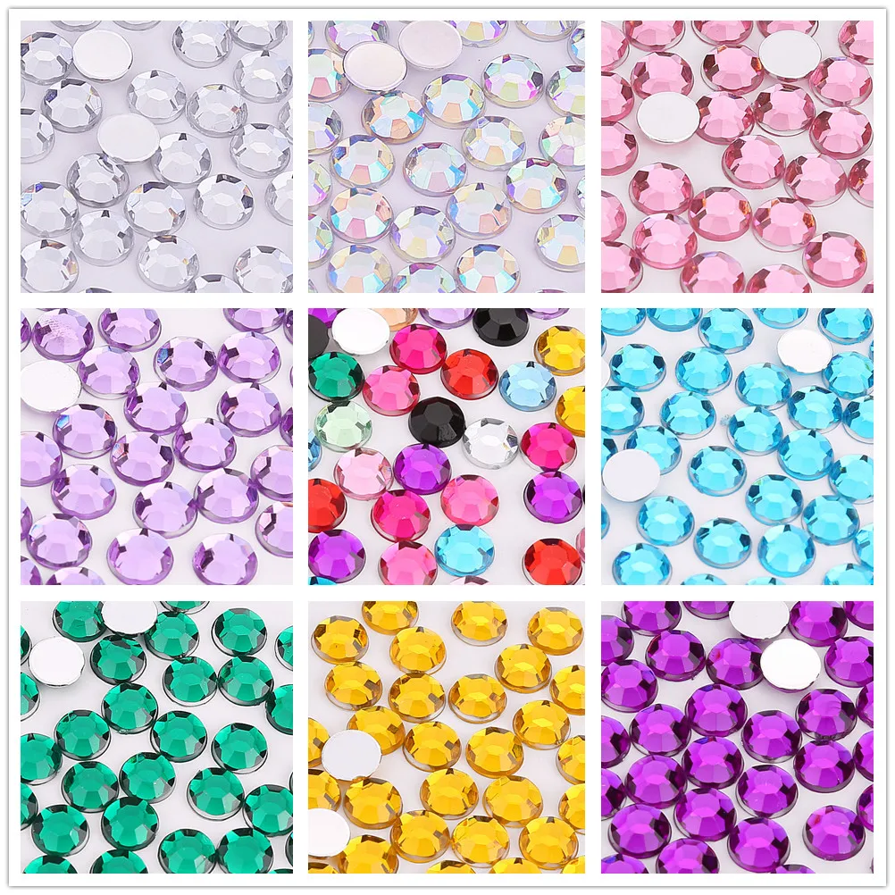 6 Sizes Colorful Glitter Crystal Acrylic Rhinestones Flatback Round For Garment Jewelry Nail Art Decorations