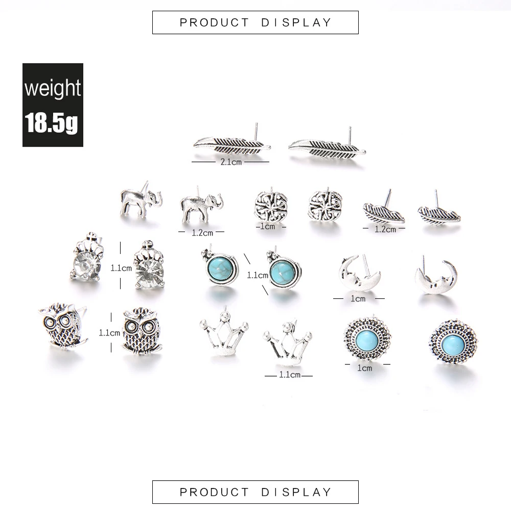 10pair/set Vintage small Stud Earrings For Women Owl Elephant Crown Leaves Moon Stone Earring Fashion Jewelry Gift