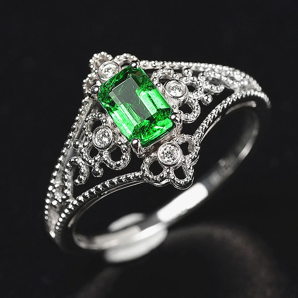 Vintage royal carving green crystal emerald gemstones diamonds rings for women white gold silver color jewelry bijoux bague gift