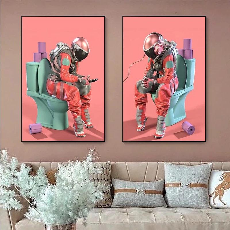 

Funny Astronaut Toilet Canvas Painting Wall Art Posters and Print Wall Pictures Toilet Bathroom Home Wall Decoration Cuadros