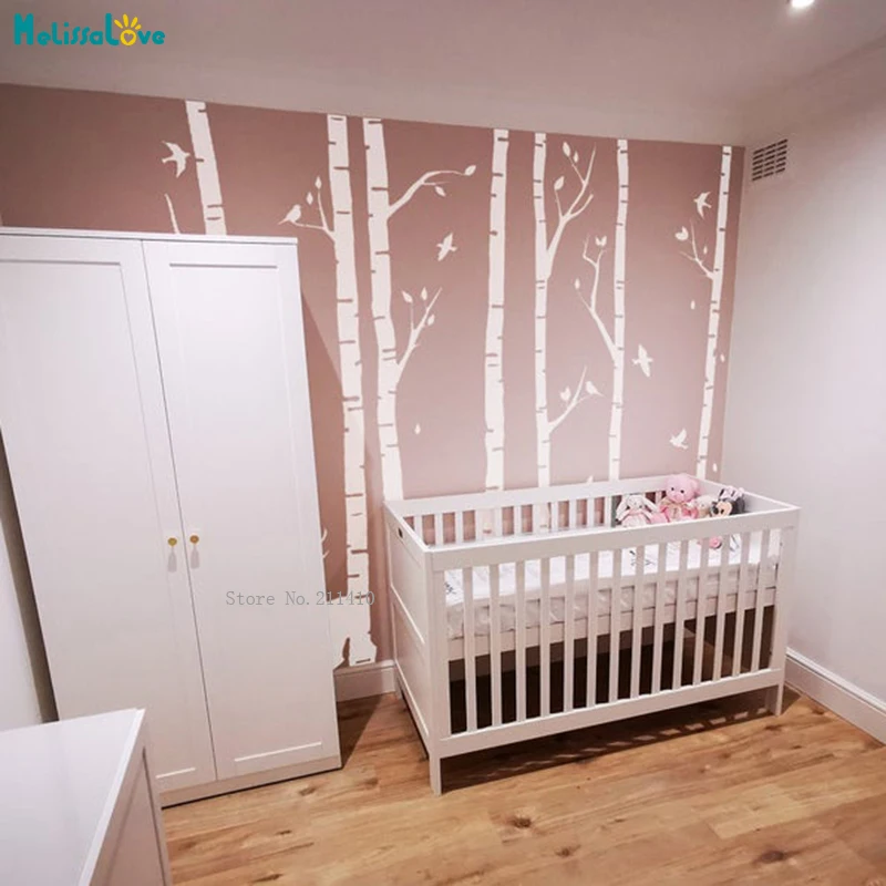 Birch Tree Wall Sticker With Deers Birds Woodland Home Decoration Forest Nature Fashion Art Murals Handmade YT4838