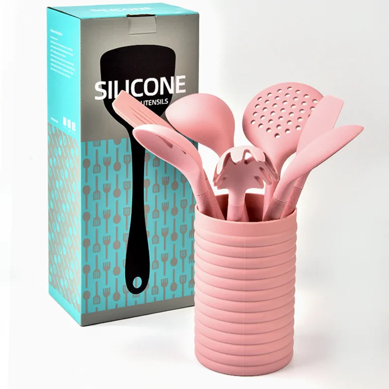 8PCS Pink Silicone Cooking Utensils Non-stick Kitchenware with Spoon Holder Kitchen Accessories Cooking Tools Set for Kitchen