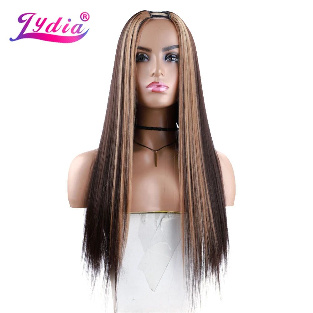 Lydia Long Silky Straight U Part Mixed 4/27 Color Hair Wigs Heat Resistant Synthetic 20Inch For Women Ladies Daily