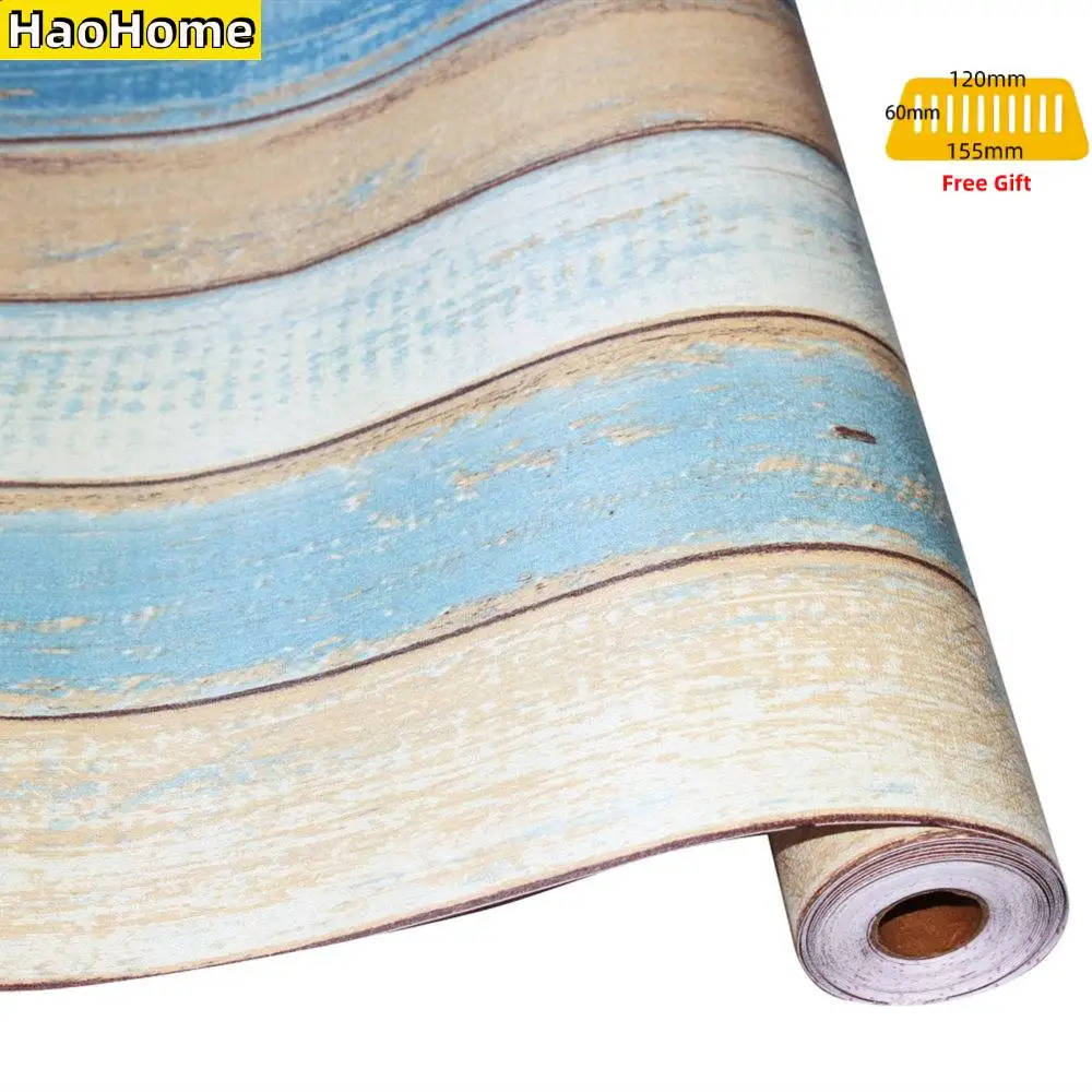 HaoHome Mediterranean Wood Grain Peel and Stick Wallpaper DIY Self-Adhesive Removable Wallpaper Roll Decorative Wall Covering