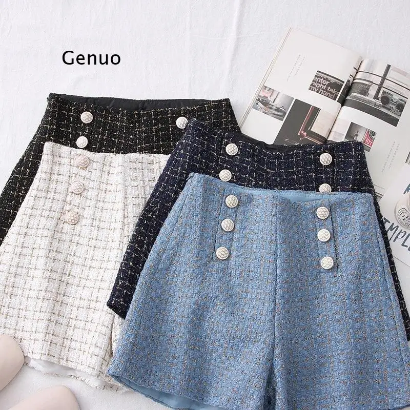 

New High Waist Tweed Shorts Women Casual Loose Ladies Fashion Spring Autumn Slim Button Shorts All-match