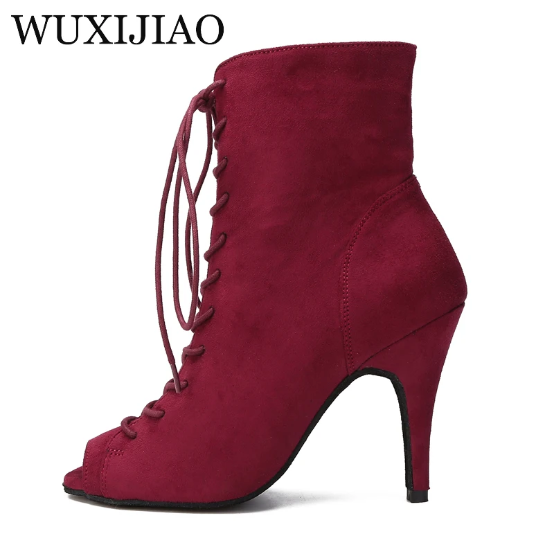 Wuxi jiao popular das mulheres quentes vermelho camurça latina dança salsa botas sapatos de treinamento palco desempenho festa sola macia