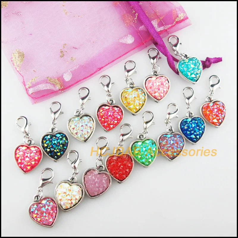 15Pcs Tibetan Silver Plated Heart Frame Mixed Resin Charms Pendants With Lobster Claw Clasps 13.5x17mm