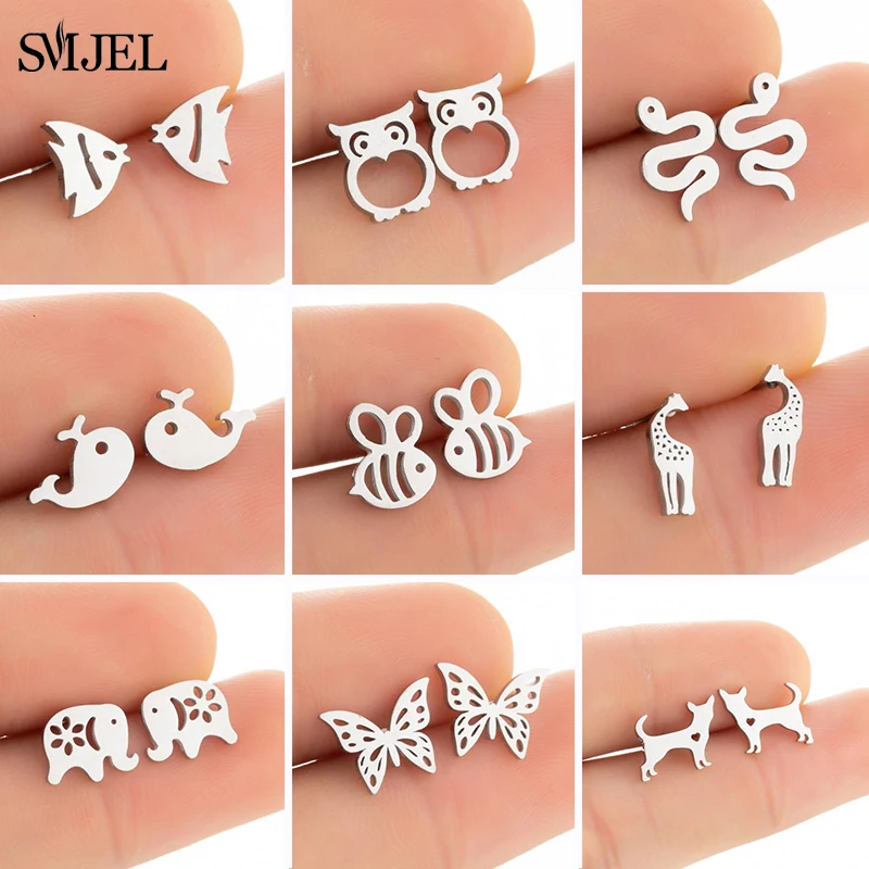 Tiny Stainless Steel Animal Stud Earrings for Women Girls Cute Giraffe Snake Fish Rabbit Cat Earings Jewelry Bee Dog Accessories