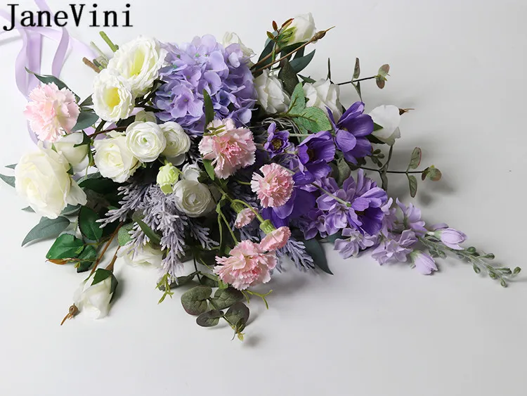 JaneVini-Ramo de flores de boda púrpura Vintage, Ramo de novia de seda Artificial, broche azul, bloemen