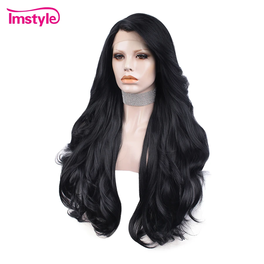 Imstyle Black Wig Long Synthetic Hair Wig For Women Natural Wavy Heat Resistant Fiber Lace Front Wig Glueless Soft Cosplay Wigs