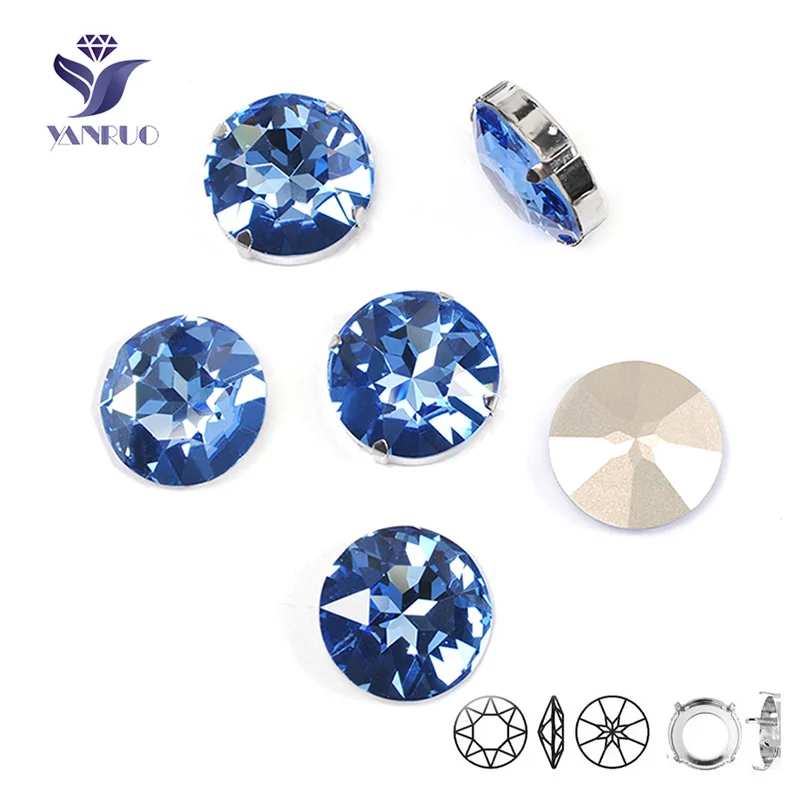 YANRUO 1201 Rivoli 27mm Light Sapphire Sew On Rhinestone With Claws Setting Applique Crystal Stones For Diamond Shoes