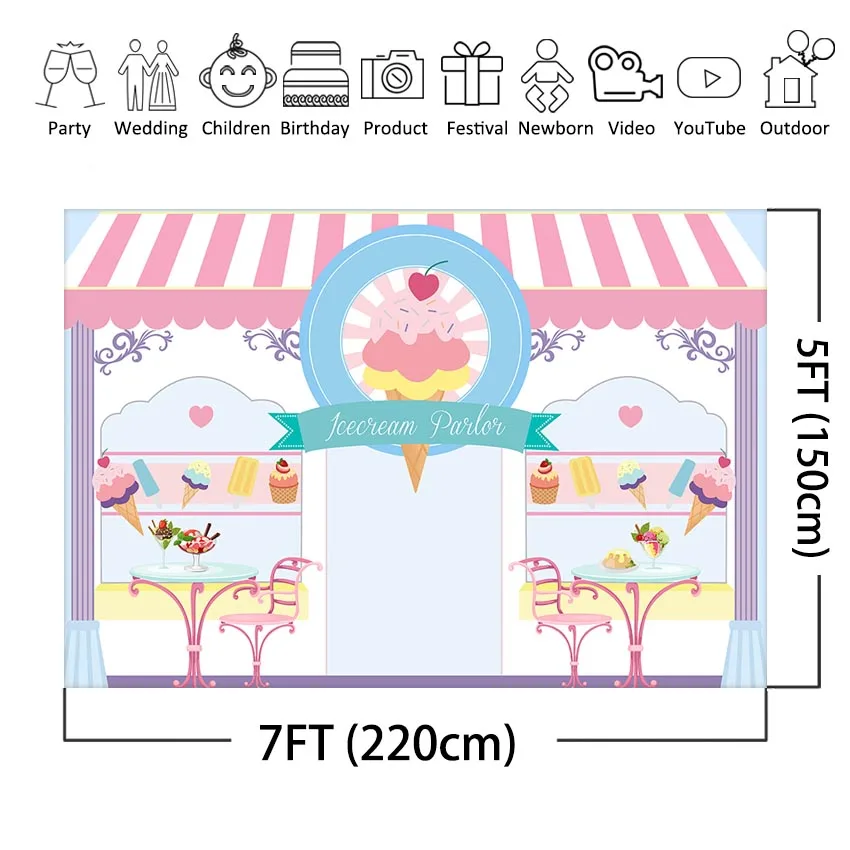 Mocsicka Ice Cream Parlor Shop Backdrop Sweet Candy Princess Girl Baby Birthday Photography Background Party Decoration Banner