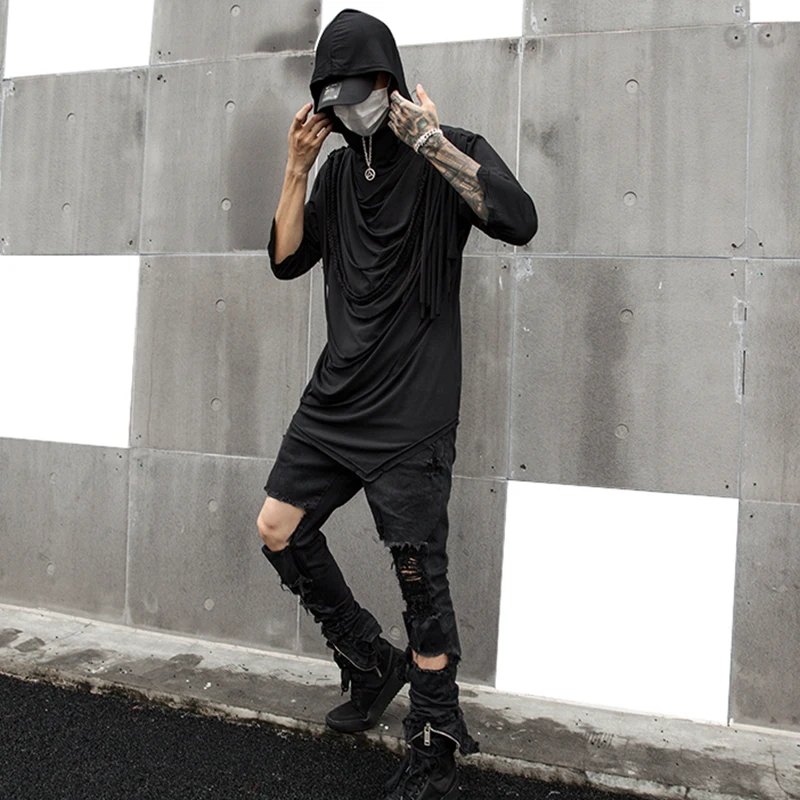 Half sleeve t show dress national fashion short sleeve hairdresser summer men's T-shirt hooded fashion brand stage fashion