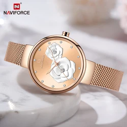 NAVIFORCE-Relógio de pulso de luxo feminino, ouro rosa, quartzo, pulseira de aço, impermeável, relógio original, elegante, feminino