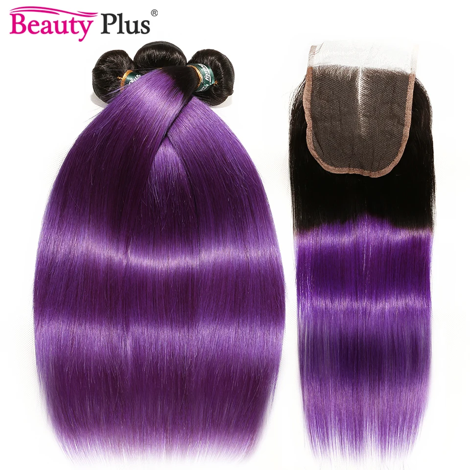 สีม่วง Ombre Bundles ปิดผมบราซิลทอผมปิด Beauty Plus Remy 2 Tone 3ชุดพร้อมปิด