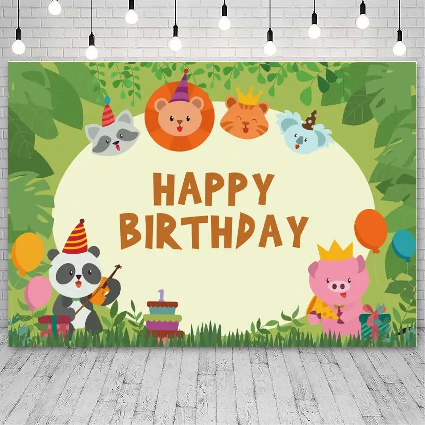 Jungle Forest Cartoon Panda Happy Birthday Backdrops Pink Pig Animals Kids Party Cake Toys Dessert Dinner Table Background Decor