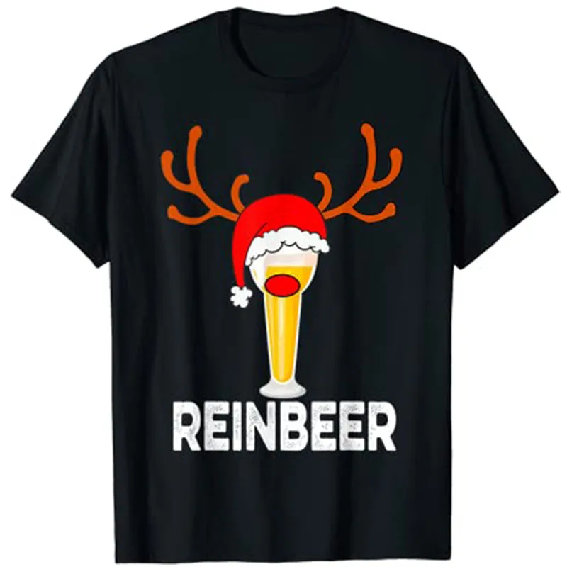 Reinbeer Santa Claus Reindeer Beer Funny Christmas Drinking T-Shirt Tops Graphic Tee