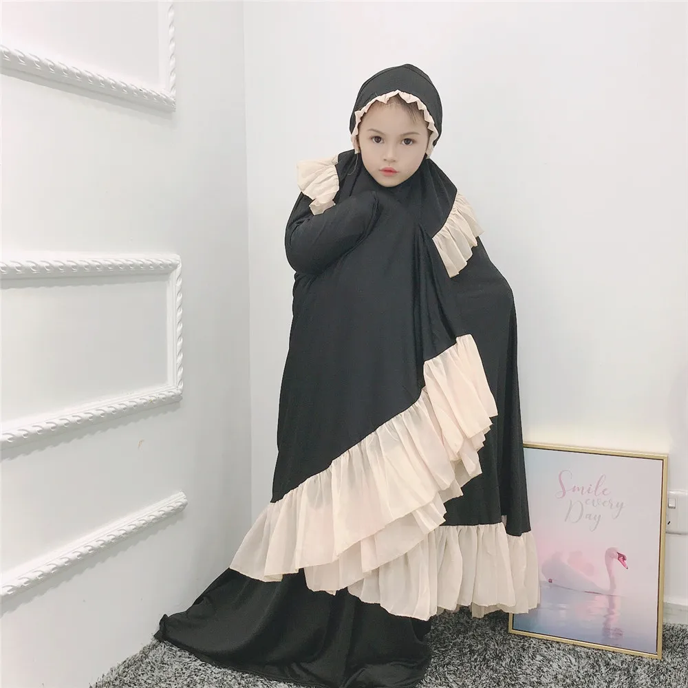 Muslim Kids Girls 2 Pieces Set Eid Ramadan Overhead Khimar Skirt Suit Islamic Prayer Garment Arabic Robe Abaya Dress Kaftan Gown